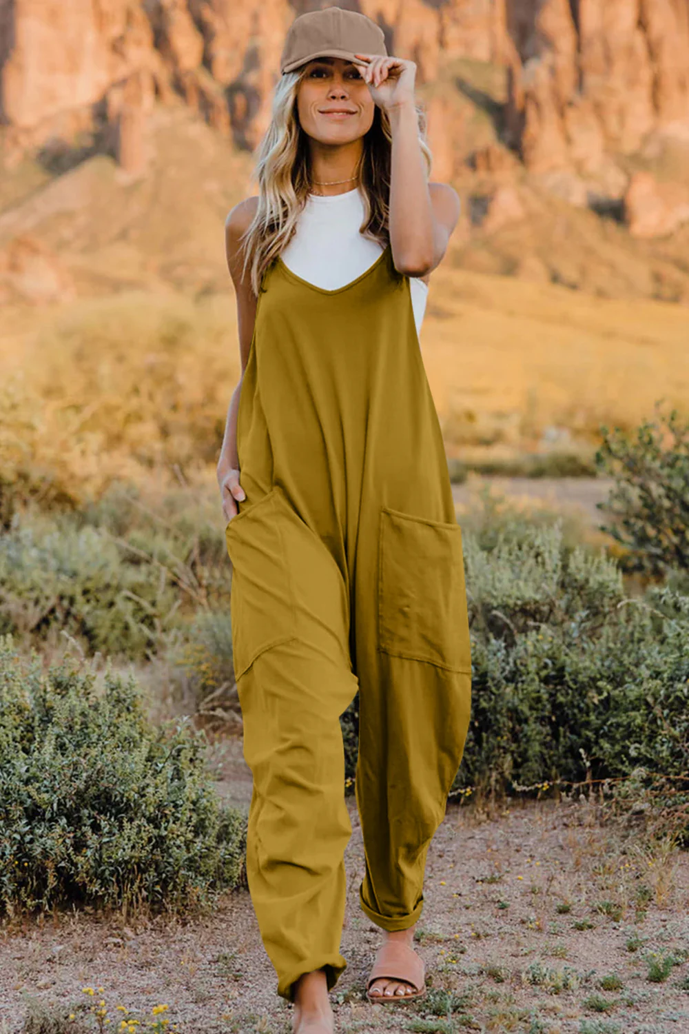 V-Neck Sleeveless Jumpsuit with Pocket