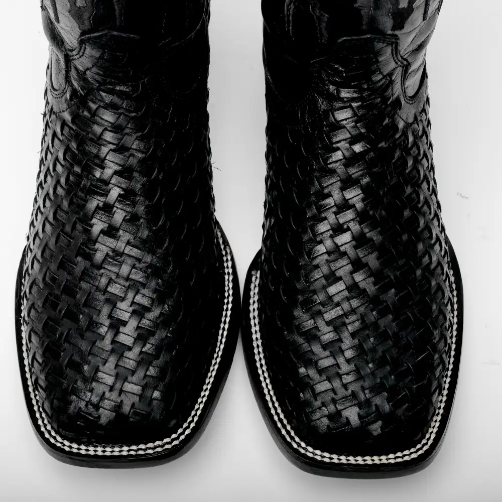 Black Basketweave Leather Boots - Square Toe