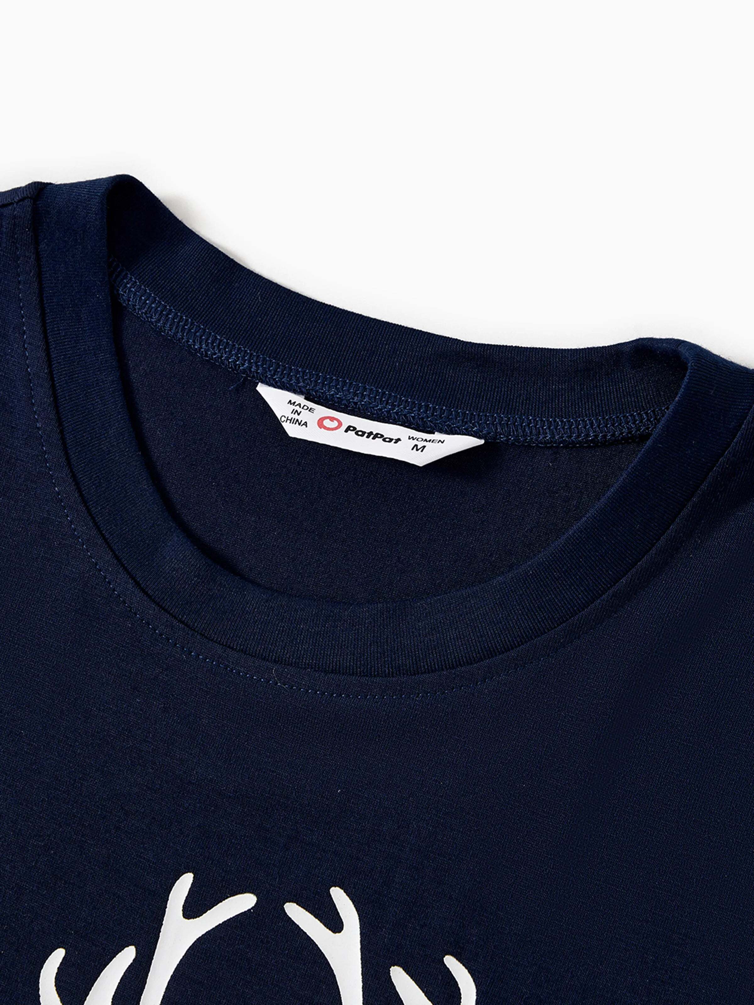 Christmas Reindeer Print Glow in the Dark Family Matching Pajamas Sets with Christmas Socks Deep Blue