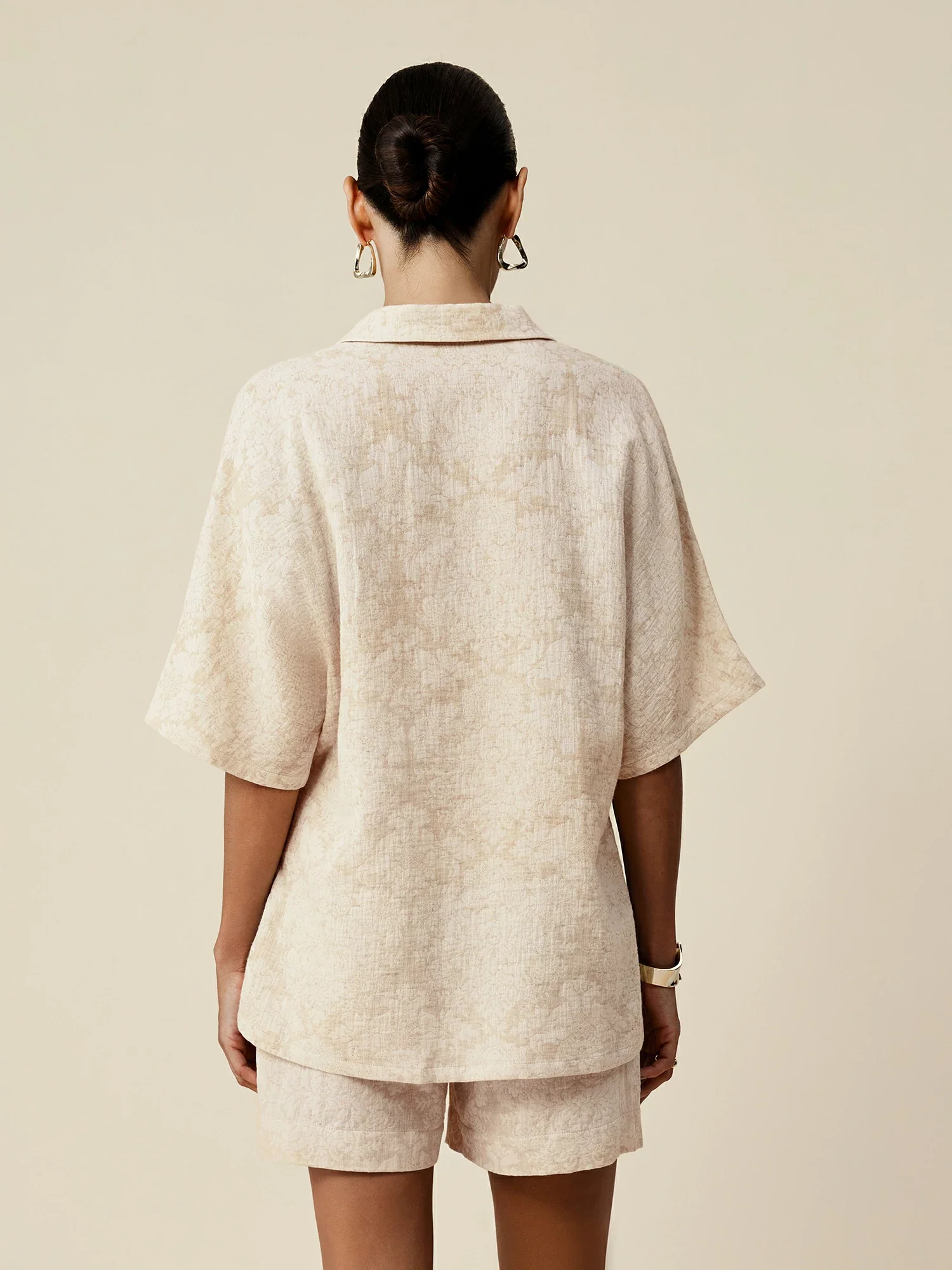 Cotton & Linen Lapel Short Sleeve Jacquard Top