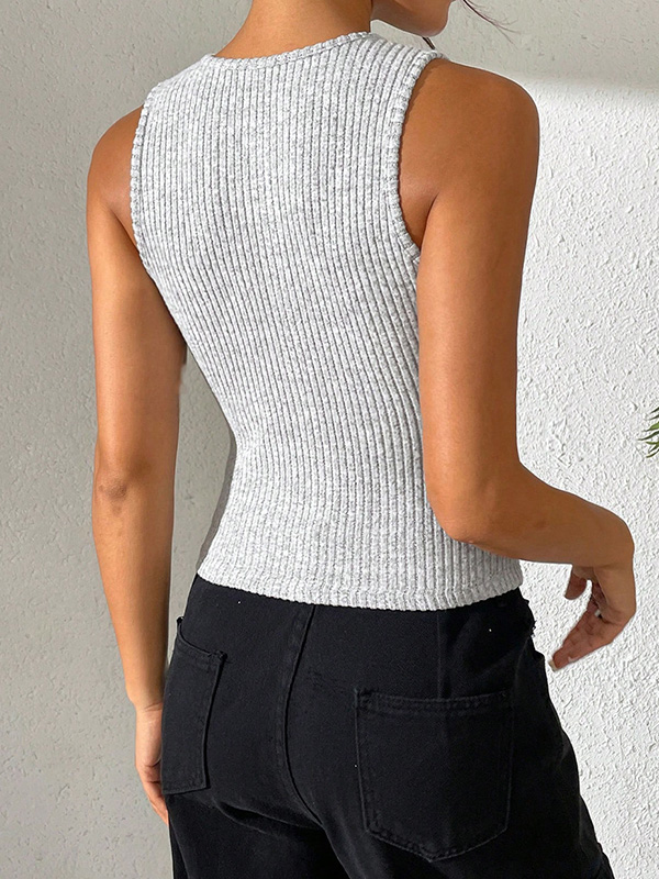 Buttoned Solid Color Skinny Sleeveless Round-Neck Vest Top