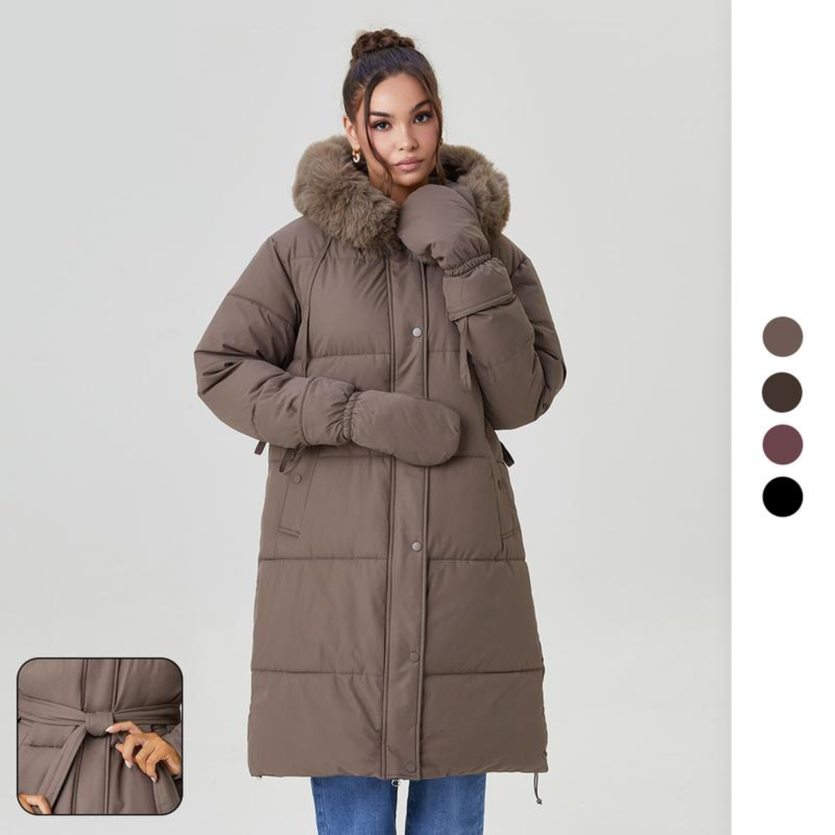 Women's Classy Solid Color Fluffy Hooded Waist Tie Zipper Thermal Long Outerwear with Gloves
