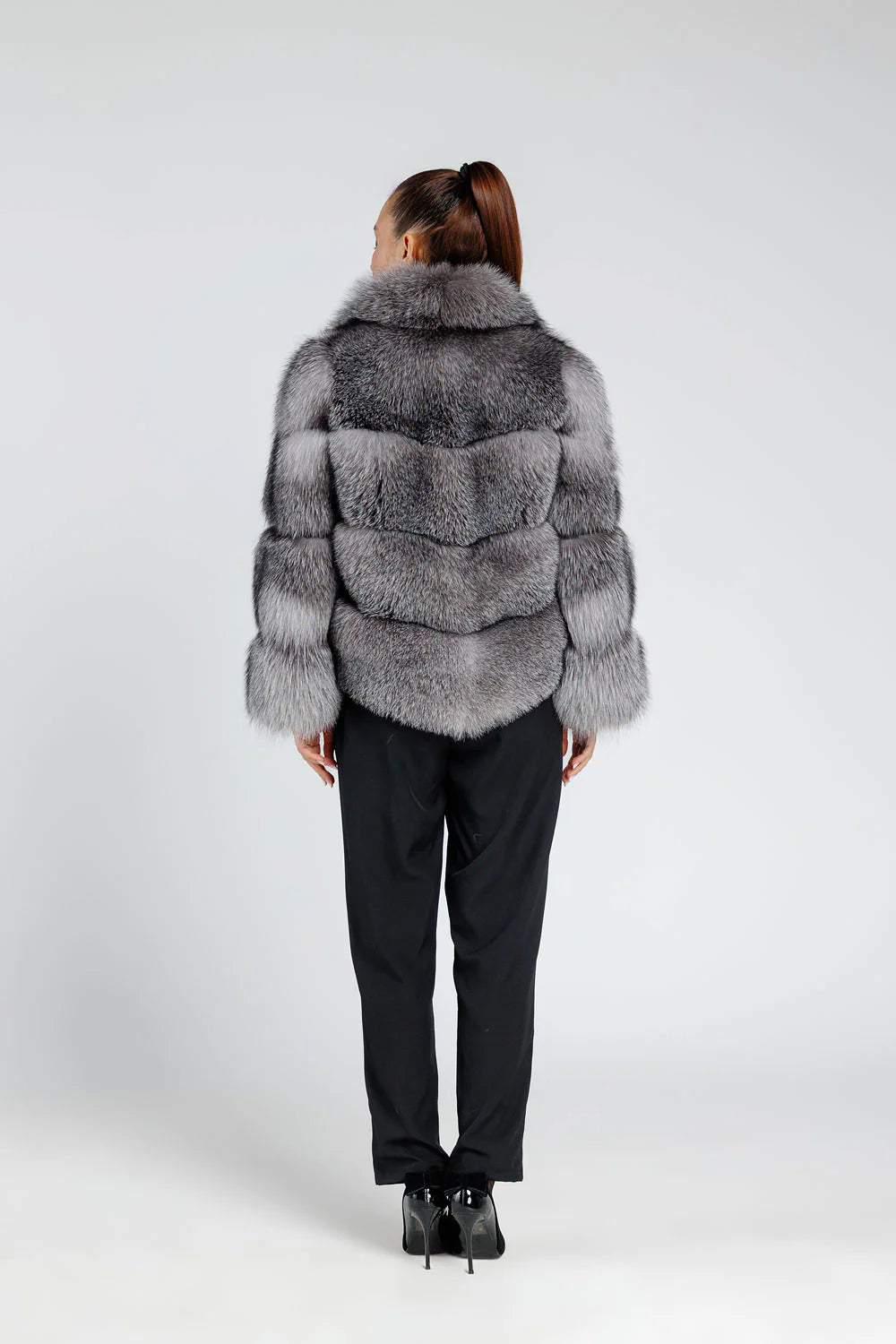 Haină din Blană Naturală de Vulpe Argintie, cu Guler Rever, Femei, Silver Grey 384