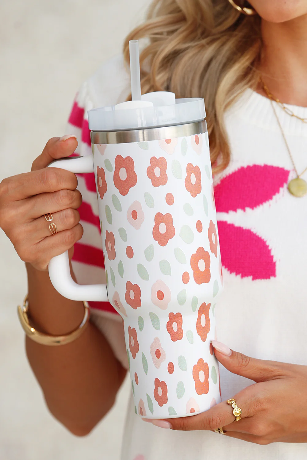 White Floral Leaves Print Stainless Large Portable Cup 40oz