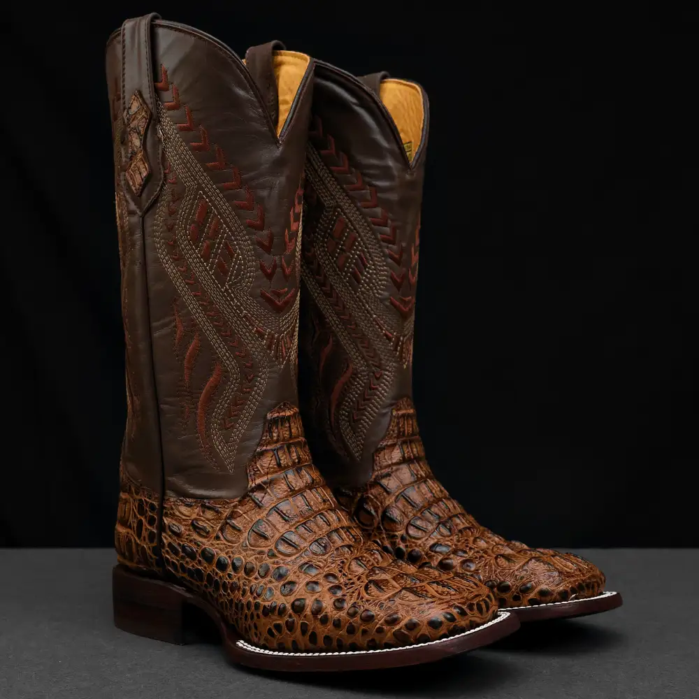 Honey Caiman Neck Leather Boots - Square Toe