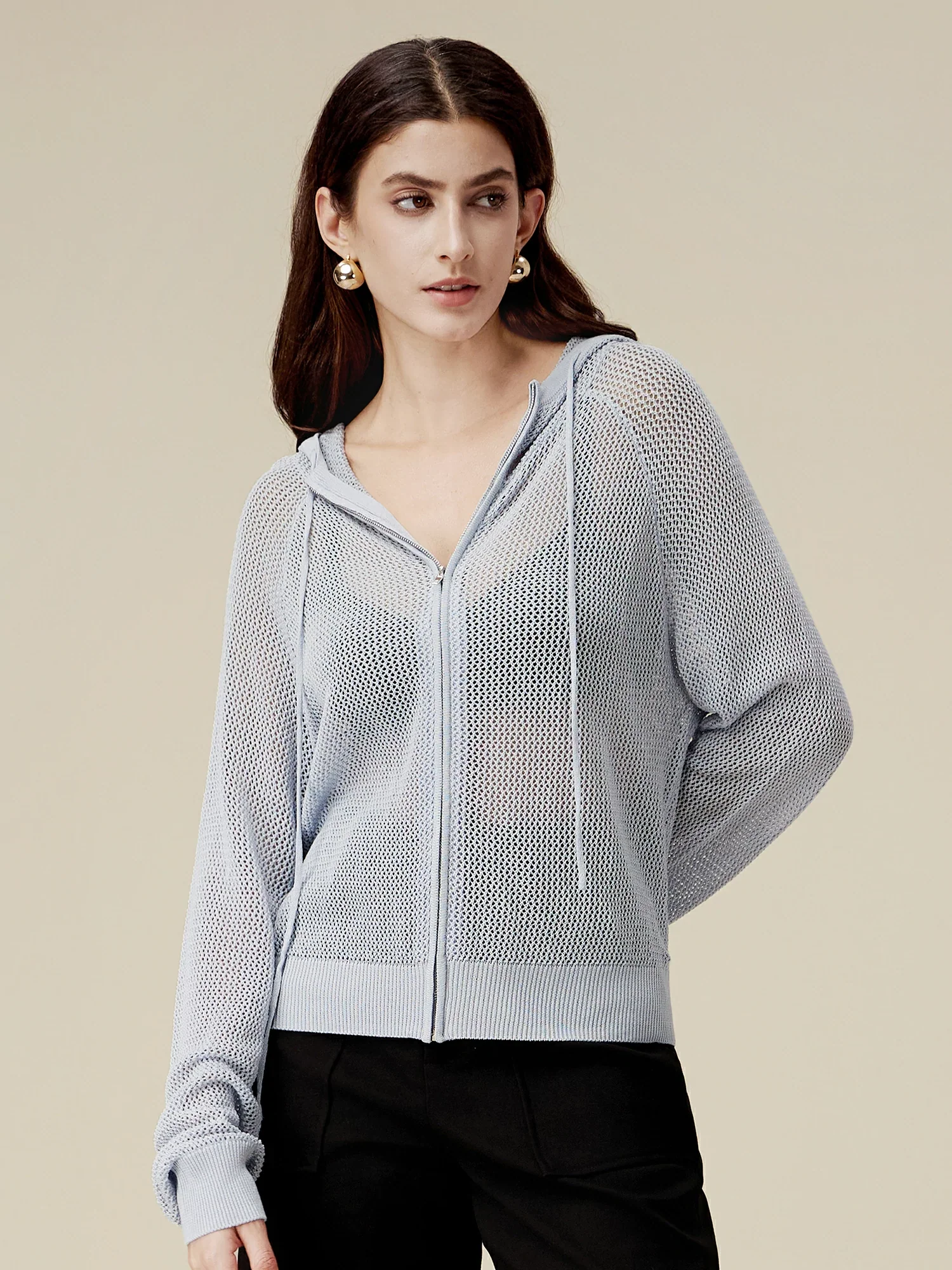 Linen & Lyocell Hooded Hollow Out Cardigan