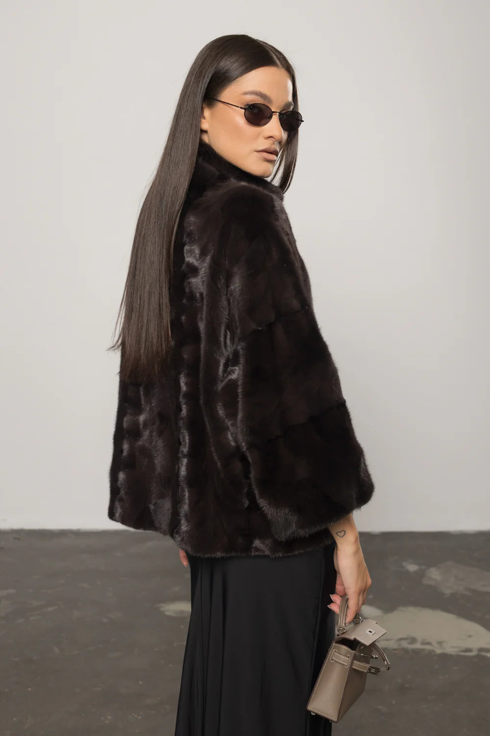 Haină din Blană Naturală de Vizon, Mâneci 3/4, Femei, Dark Brown 398