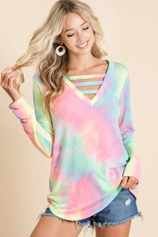Tie Dye French Terry V-Neck Top with Strapped