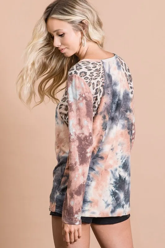 Tie Dye Distressed Knit Top with Leopard Shoulder