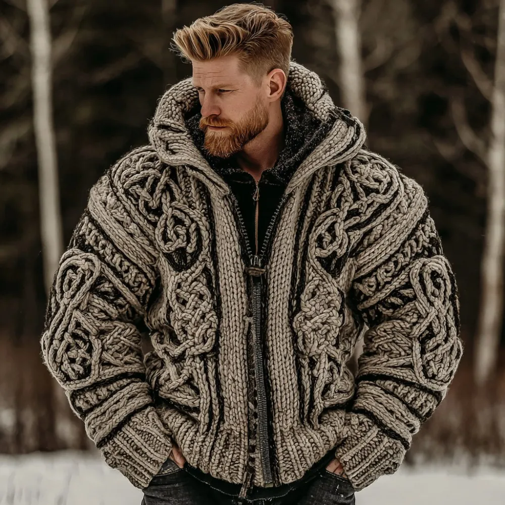 Vintage Viking Celtic Knot Knit Zip-up Hooded Sweater