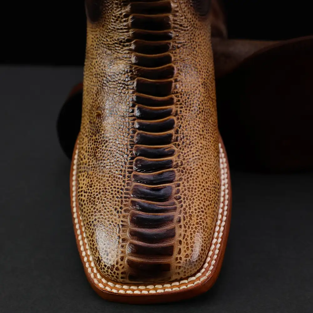 Honey Ostrich Leg Leather Boots - Square Toe