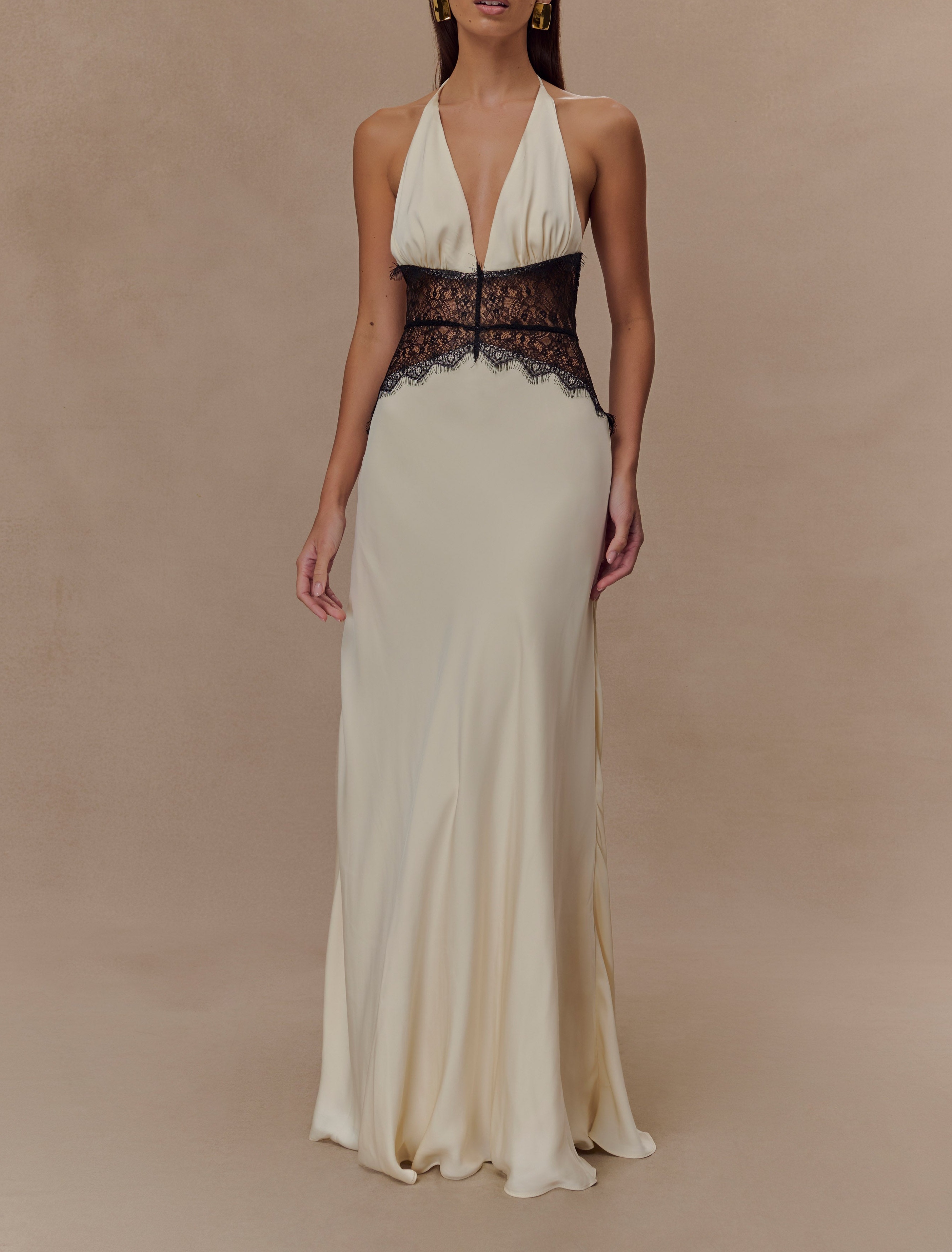 Black/ivory Lace And Satin Maxi Dress