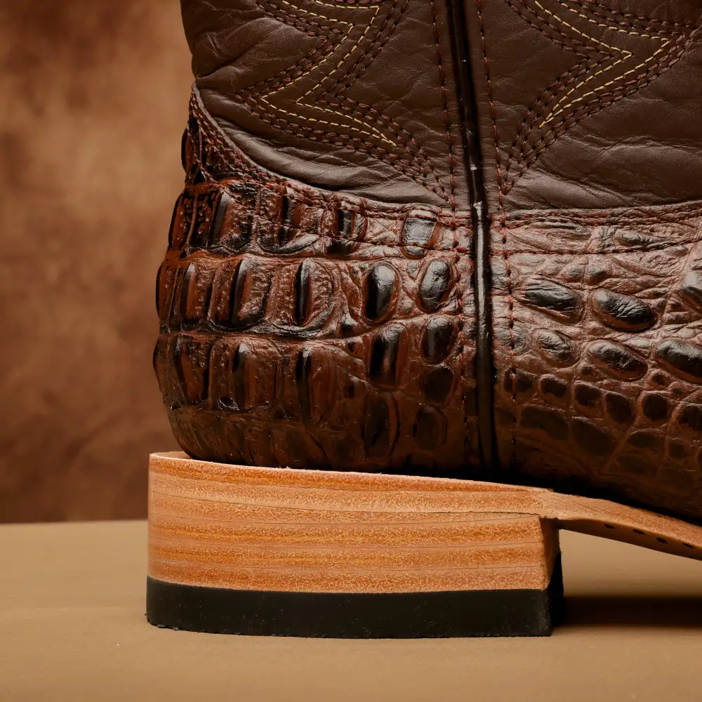 Brown Caiman Neck Leather Boots - Square Toe
