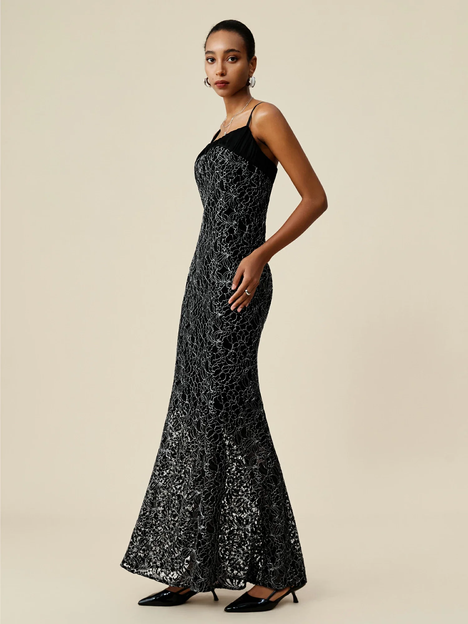 Silver Metallic Lace Cami Fishtail Dress