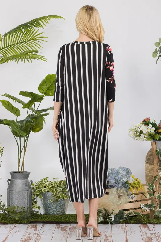 Celeste Full Size Stripe Floral Contrast Midi-Dress with Buttons Plus Size