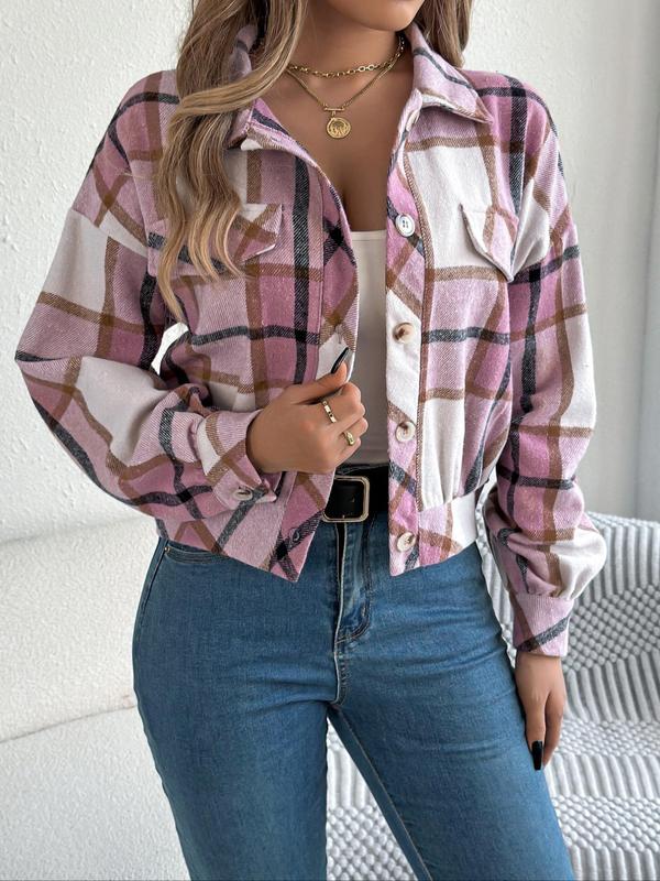 Women's Plaid Button Front Drop Shoulder Jacket