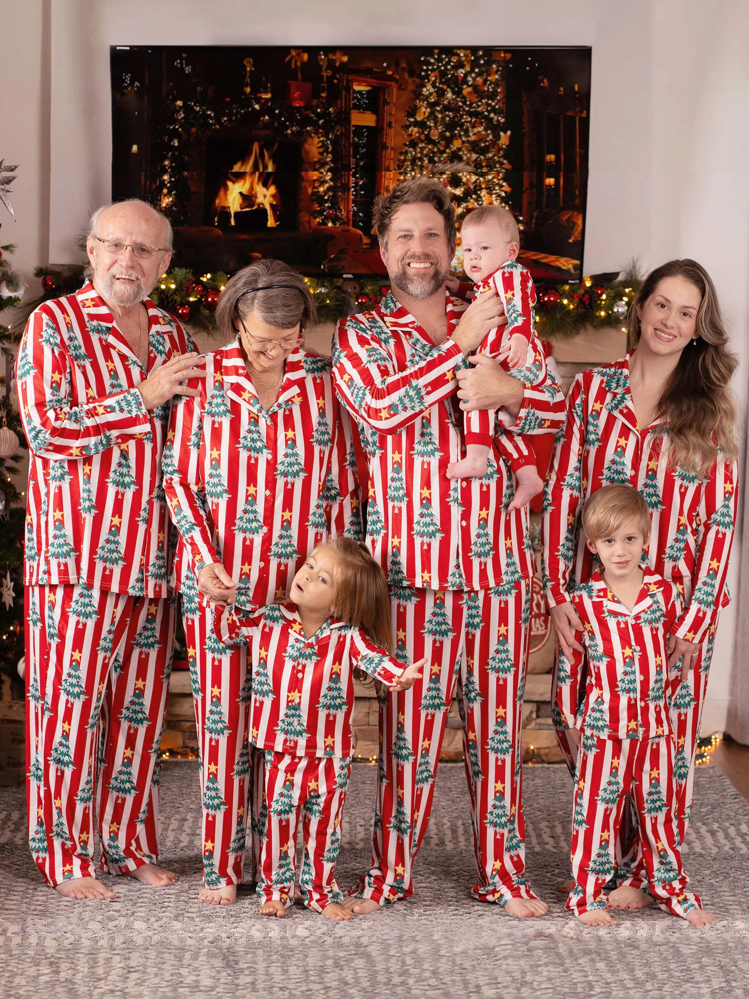Christmas Family Matching Trees Print Stripes Long-sleeve Pajamas Sets with Christmas Socks Red