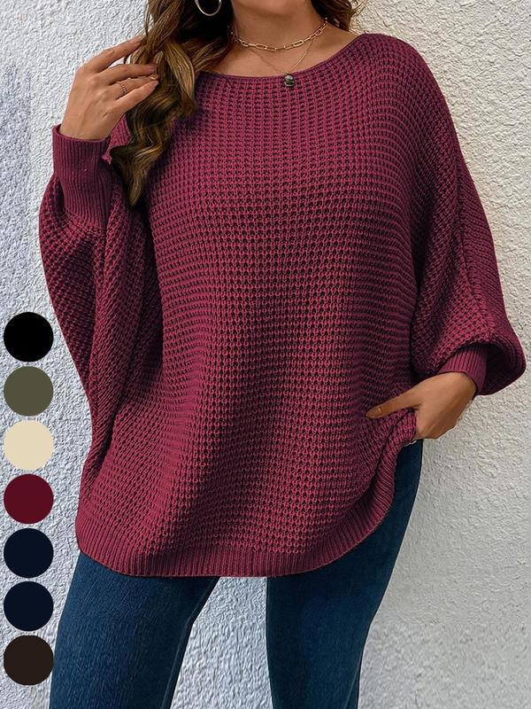 Women's Solid Color Knitted Boat Neck Batwing Sleeve Casual Classic Elegant Pullover Sweater, Autumn/Winter Fall Outfit