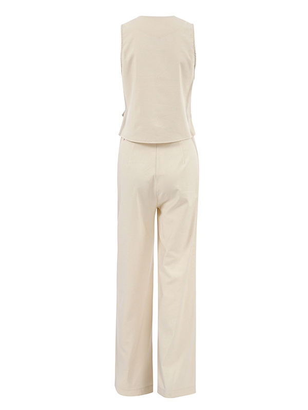 Solid Color Sleeveless Asymmetric Split-Joint  V-Neck Vest Tops +  Straight Leg Pants Suits Two Pieces Set