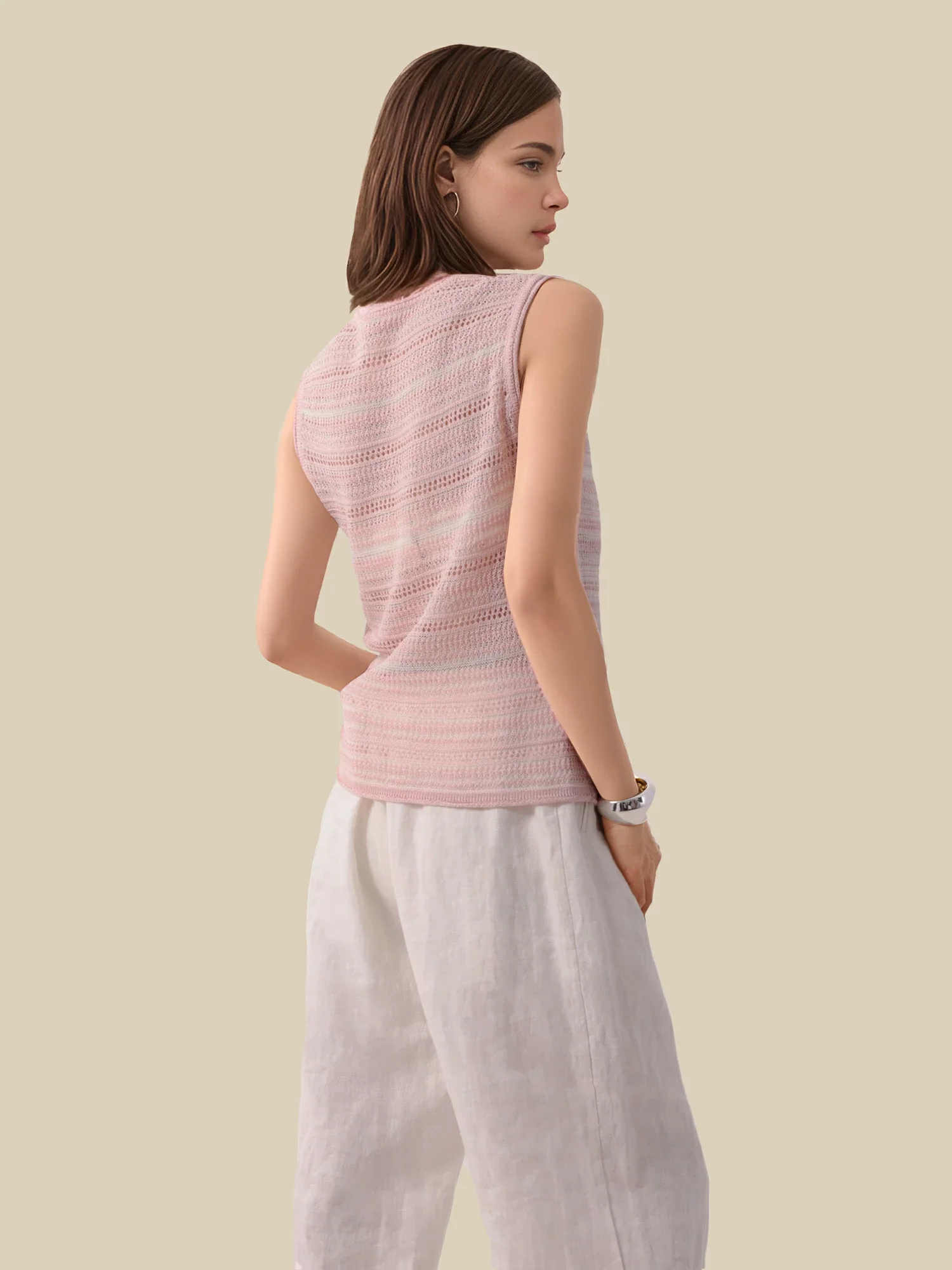 Lyocell & Silk U Neck Sleeveless Striped Vest