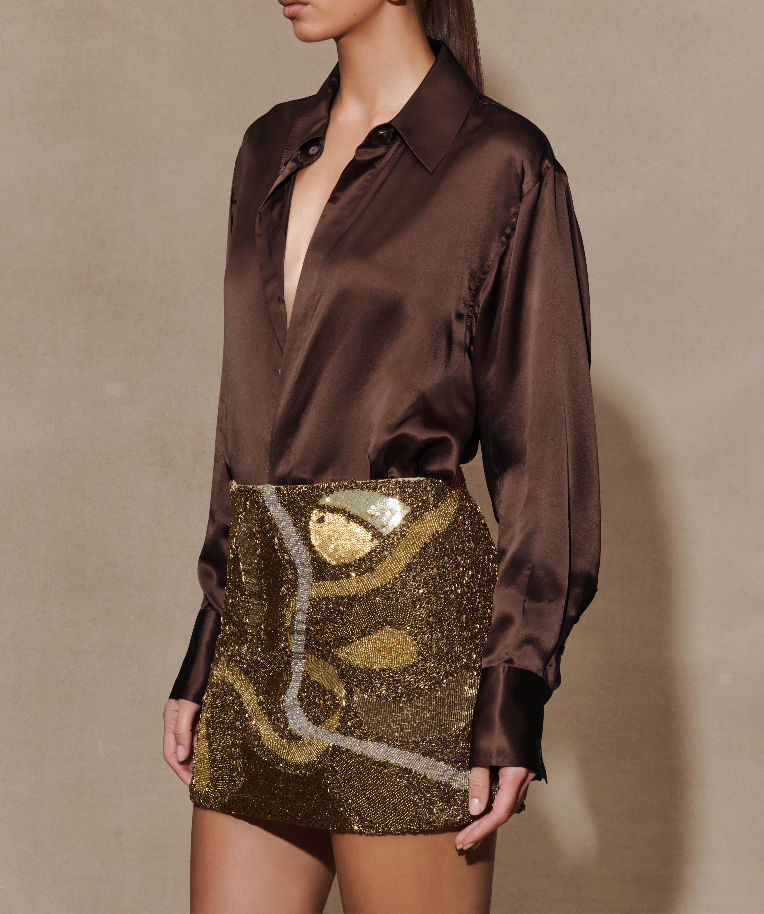 Gold Hand Beaded Abstract Mini Skirt