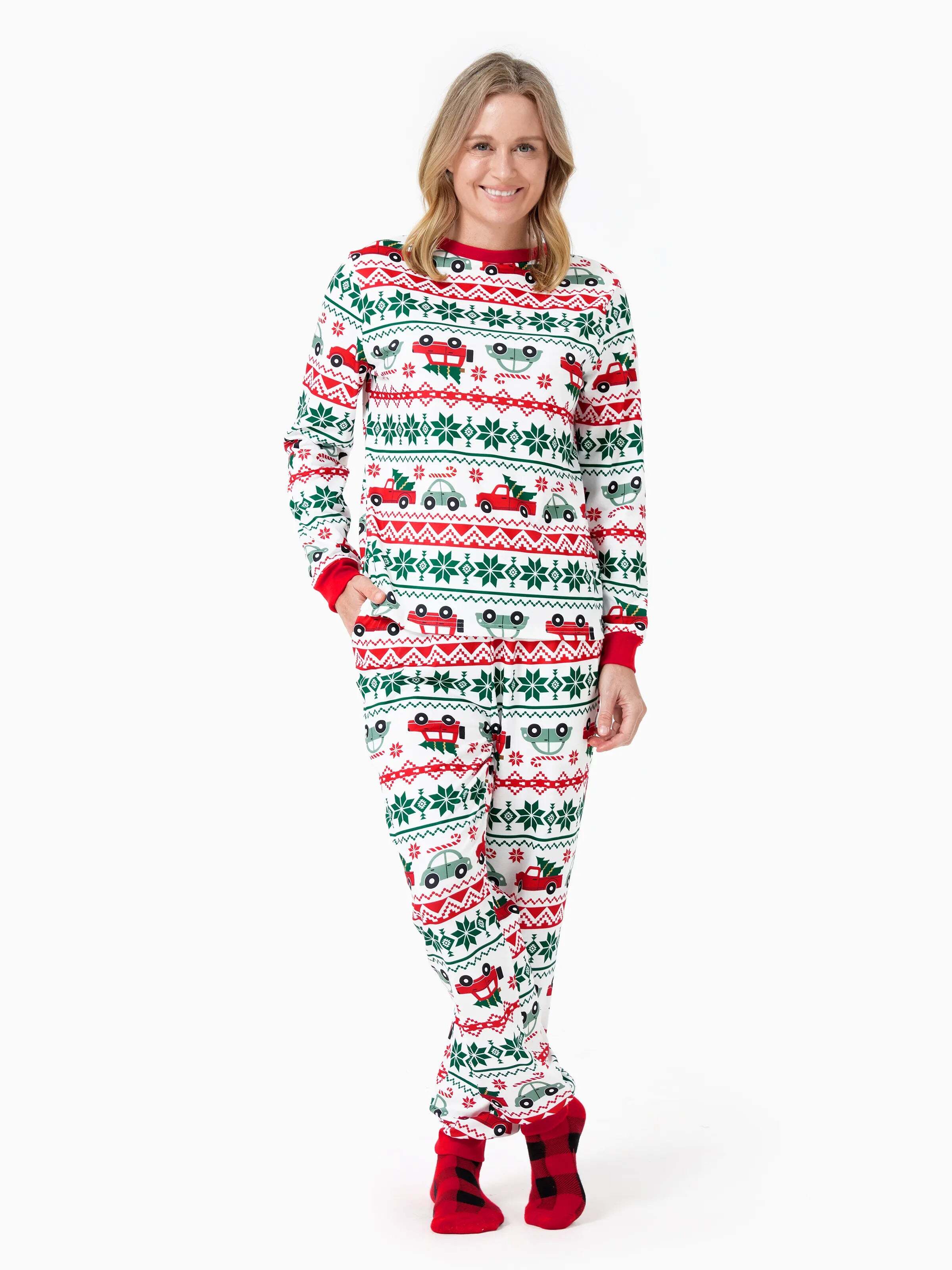 Christmas Matching Family Pajamas Set Snowflake and Car Print PJS with Christmas Socks Red