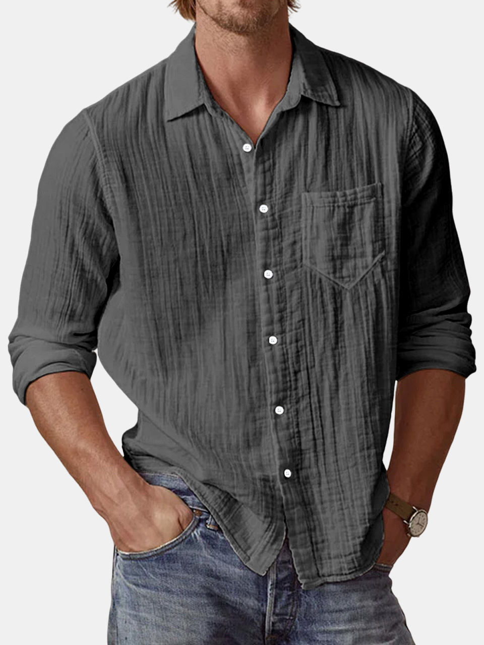 Men's Casual Textured Solid Color Comfortable Puff Wrinkle Long Sleeve Shirt