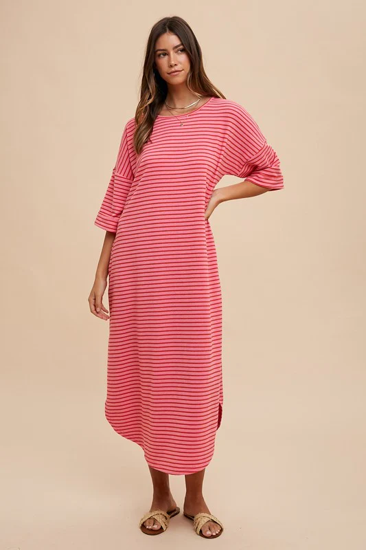 Wear Striped Round Neck Terry Midi Dress