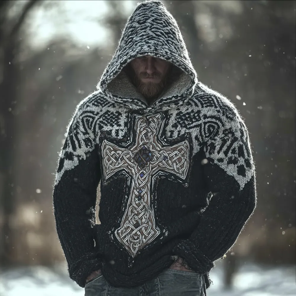 Men's Viking Style Celtic Cross Black And White Warm Sweater