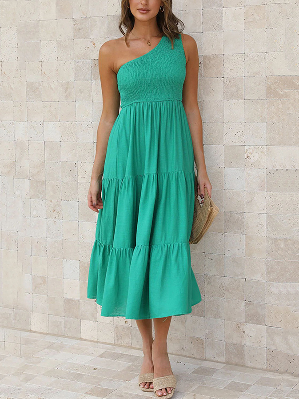 Pleated Solid Color Loose One-shoulder Midi Dresses