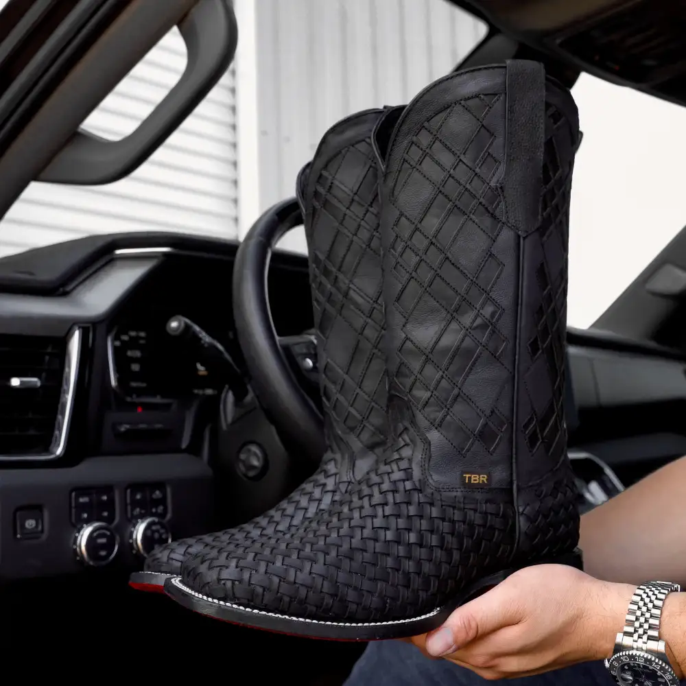 Black Basketweave Leather Boots - Square Toe