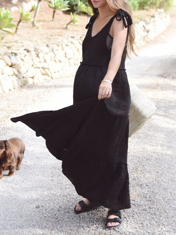 Solid Color Loose Sleeveless V-Neck Midi Dresses