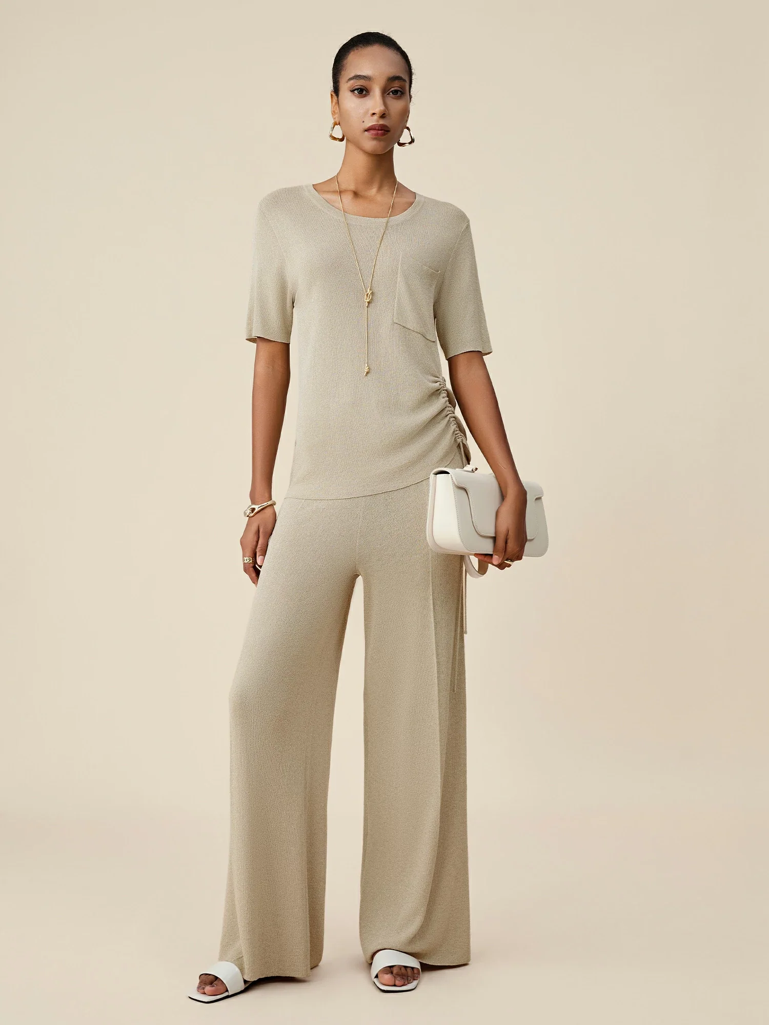 Round Neck Short Sleeve Drawstring Top