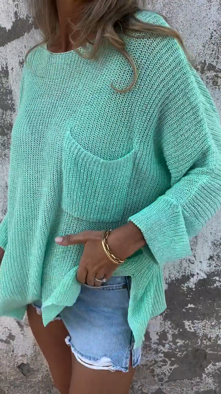 Solid Color Knit Pocket Crewneck Sweater