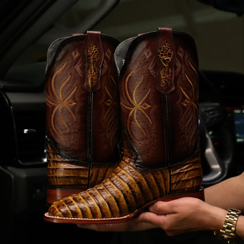 Honey Caiman Tail Leather Boots - Square Toe