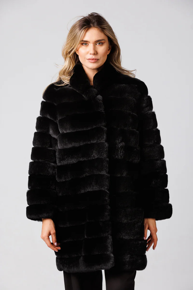 Haină din Blană Naturală de Rex Chinchilla, Transformabilă, Obsidian 182