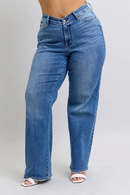 Blue Full Size High Waist V-Front Vintage Wash Straight Jeans Plus Size