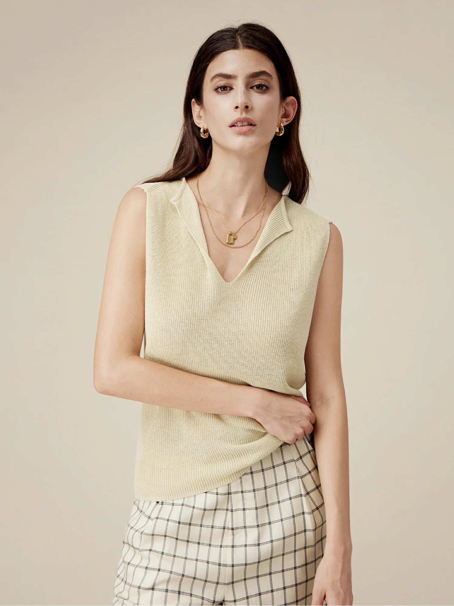Linen & Lyocell Sleeveless Lapel Casual Tank