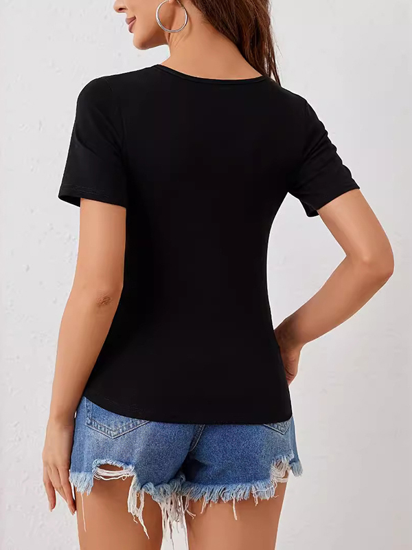 Rhine Stones Tasseled Zipper Loose Short Sleeves V-Neck T-Shirts Tops