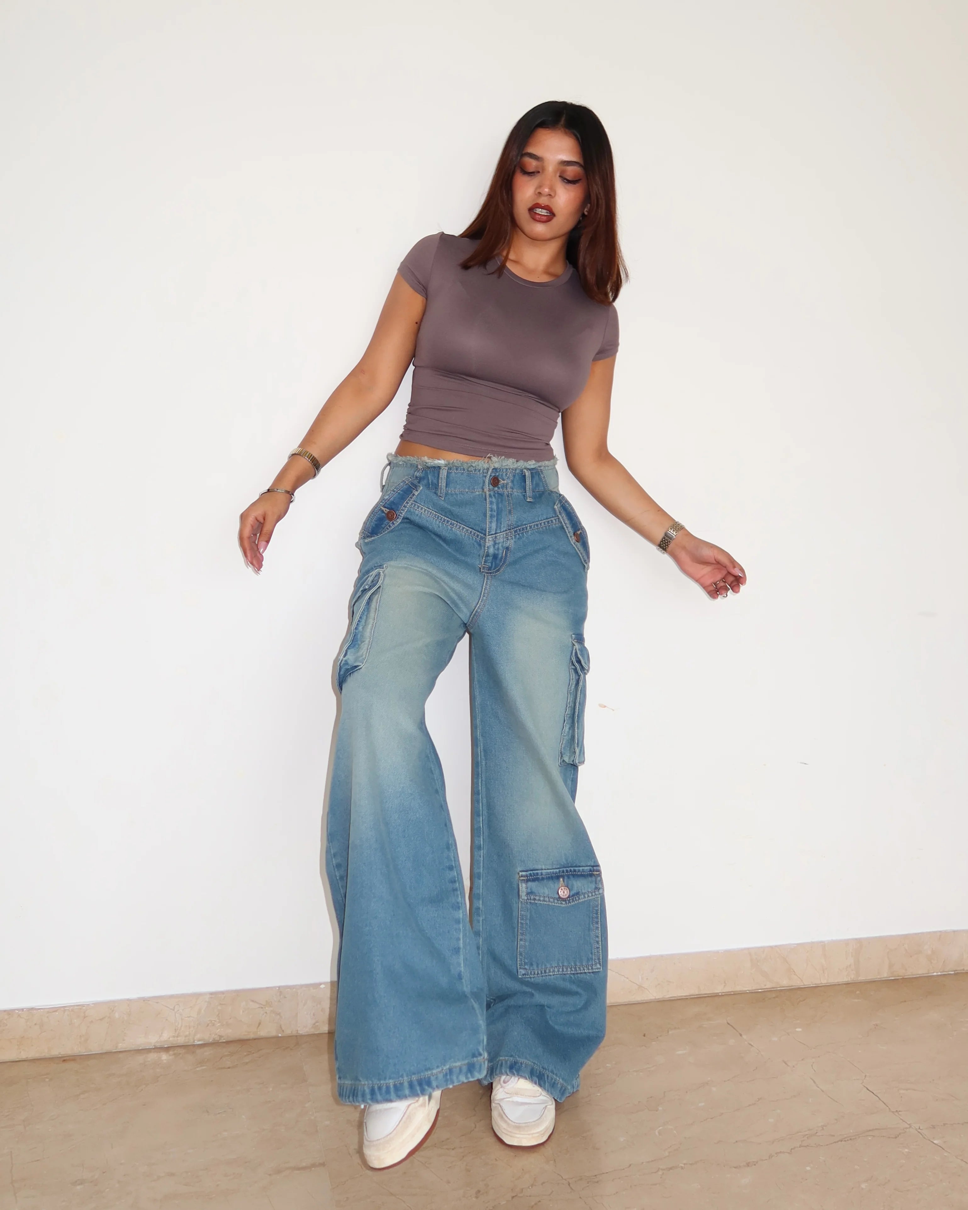 Lunar Grey Raw Waist Baggy Wide Leg Cargo Jeans