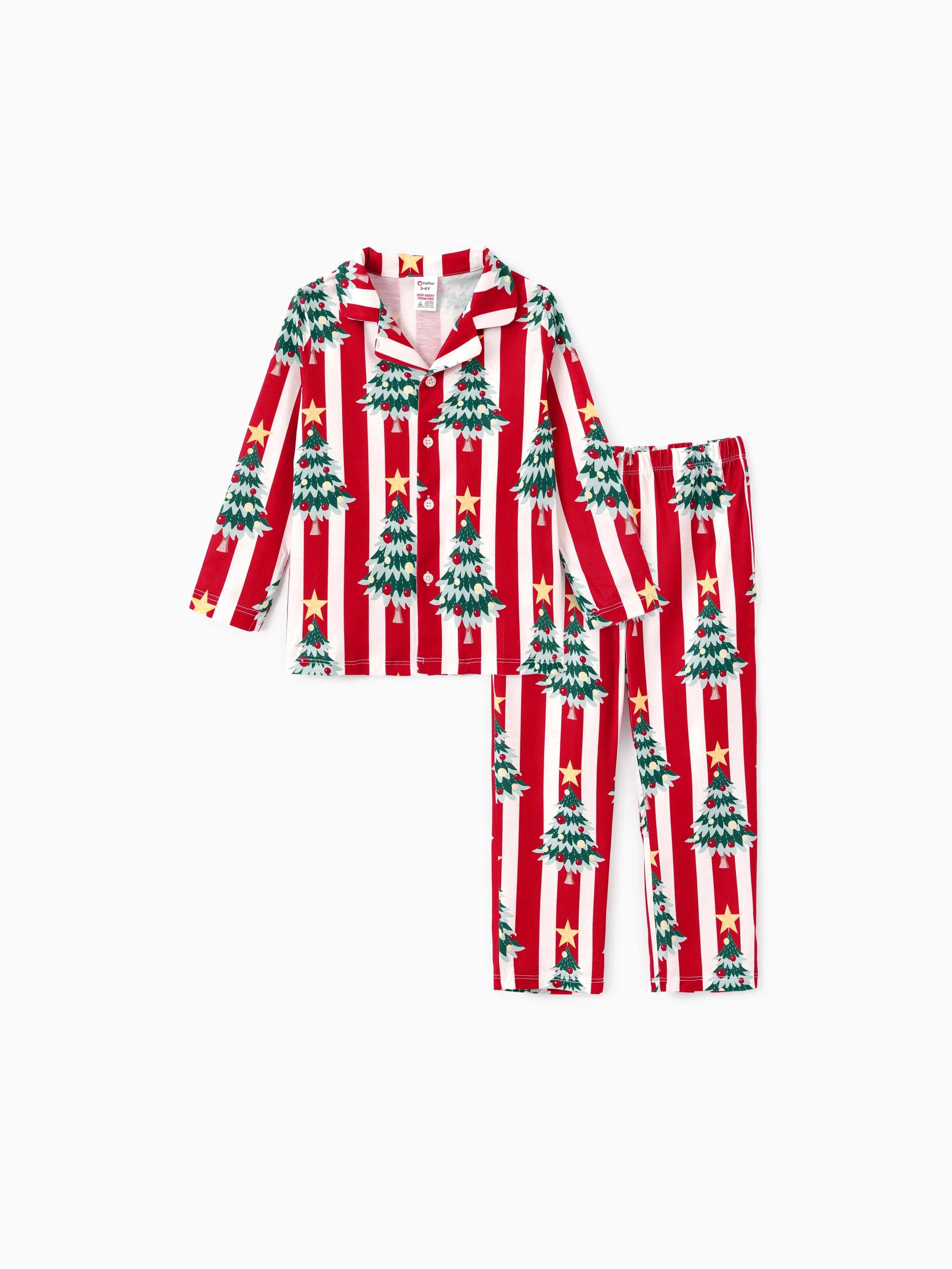 Christmas Family Matching Trees Print Stripes Long-sleeve Pajamas Sets with Christmas Socks Red
