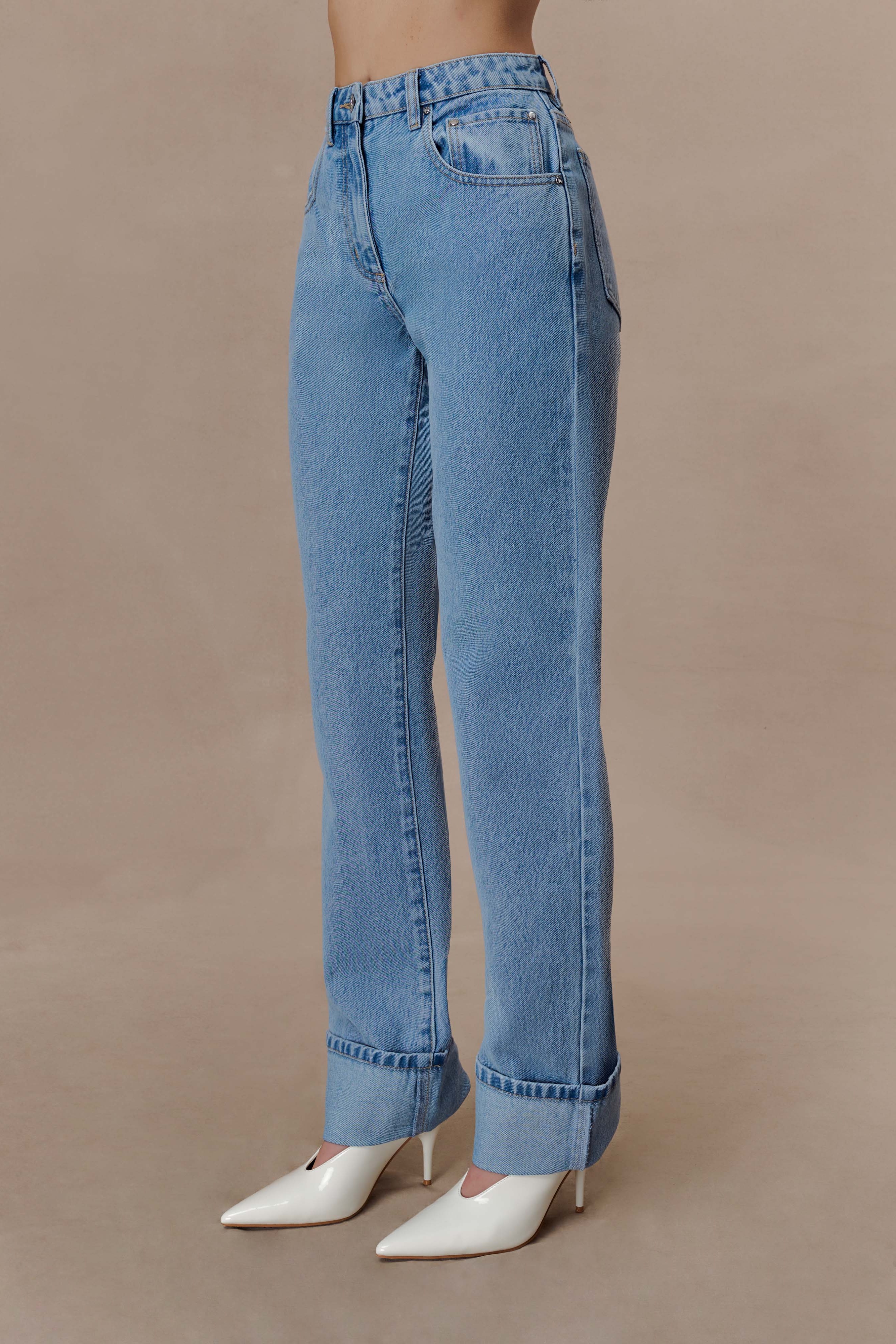 Blue Straight Leg Cuffed Jeans