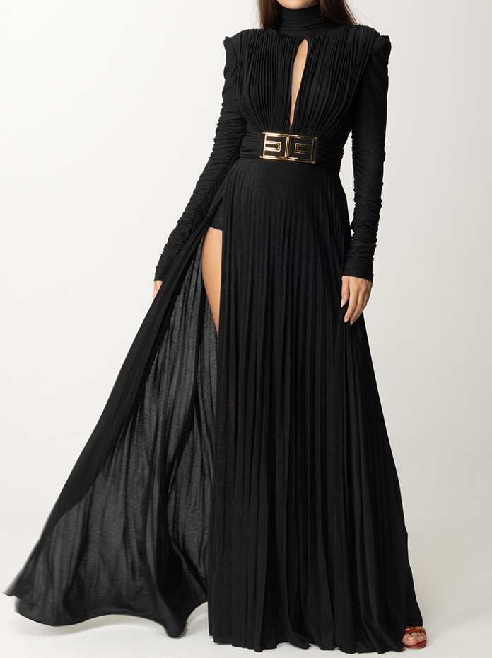 Long Sleeves Pleated Solid Color Split-Side V-Back High-Neck Evening Dresses Maxi Dresses