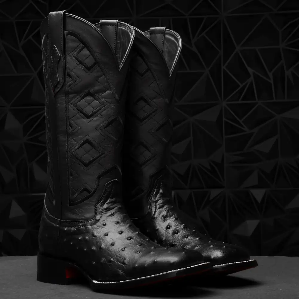 Black Ostrich Leather Boots - Square Toe