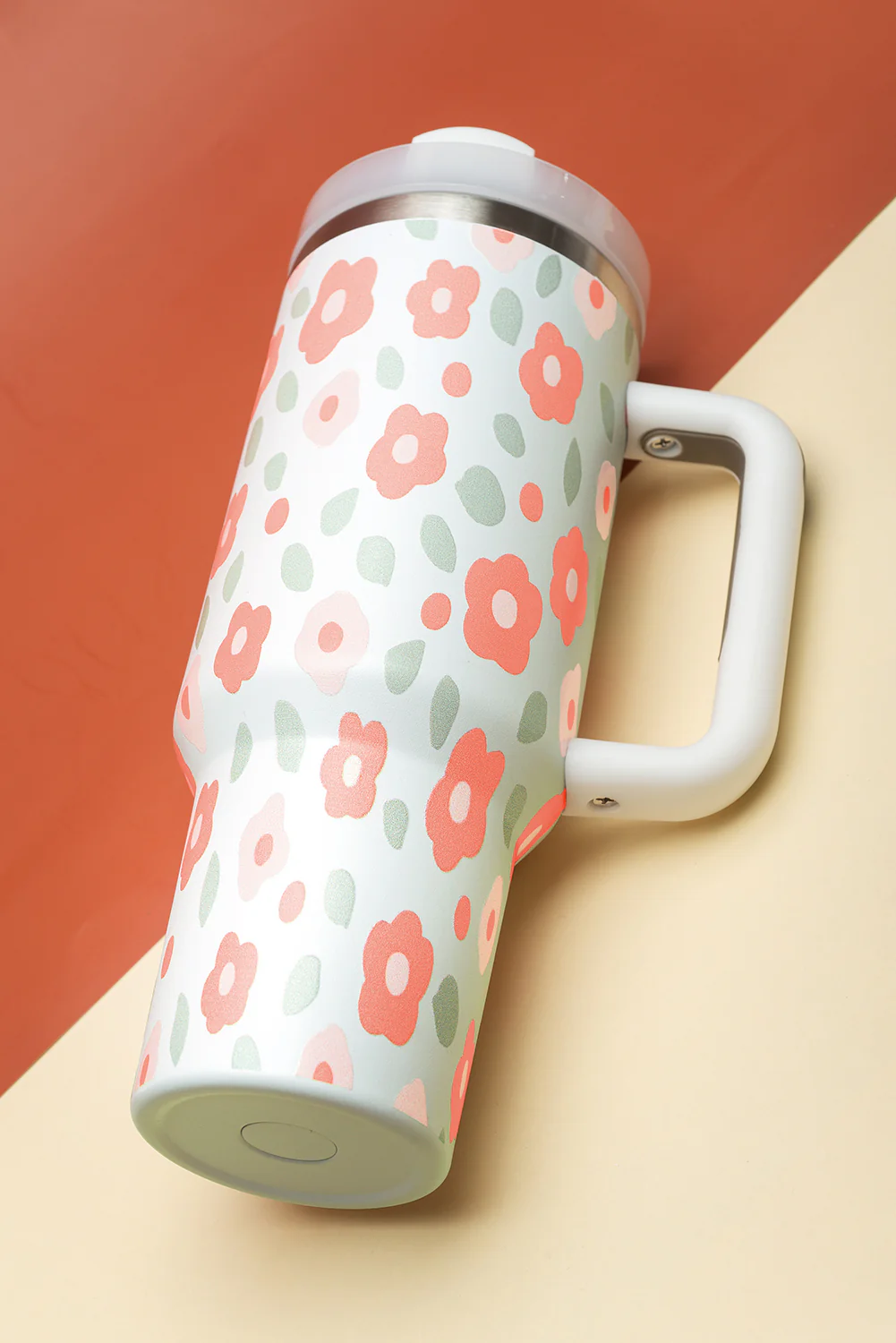 White Floral Leaves Print Stainless Large Portable Cup 40oz