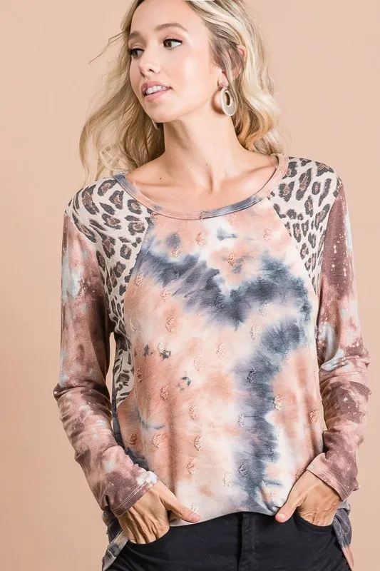 Tie Dye Distressed Knit Top with Leopard Shoulder