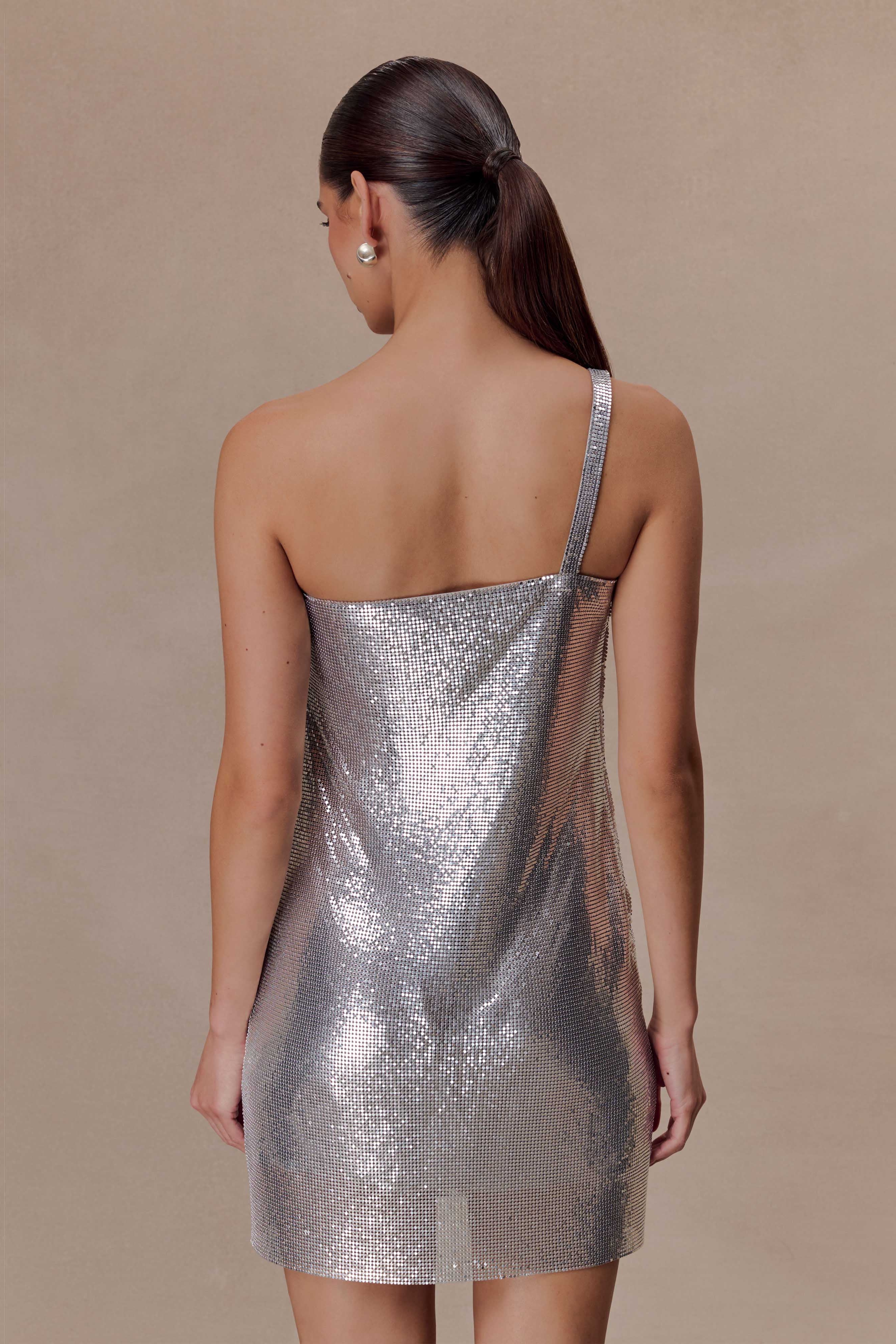 Silver One Shoulder Glow Mesh Mini Dress