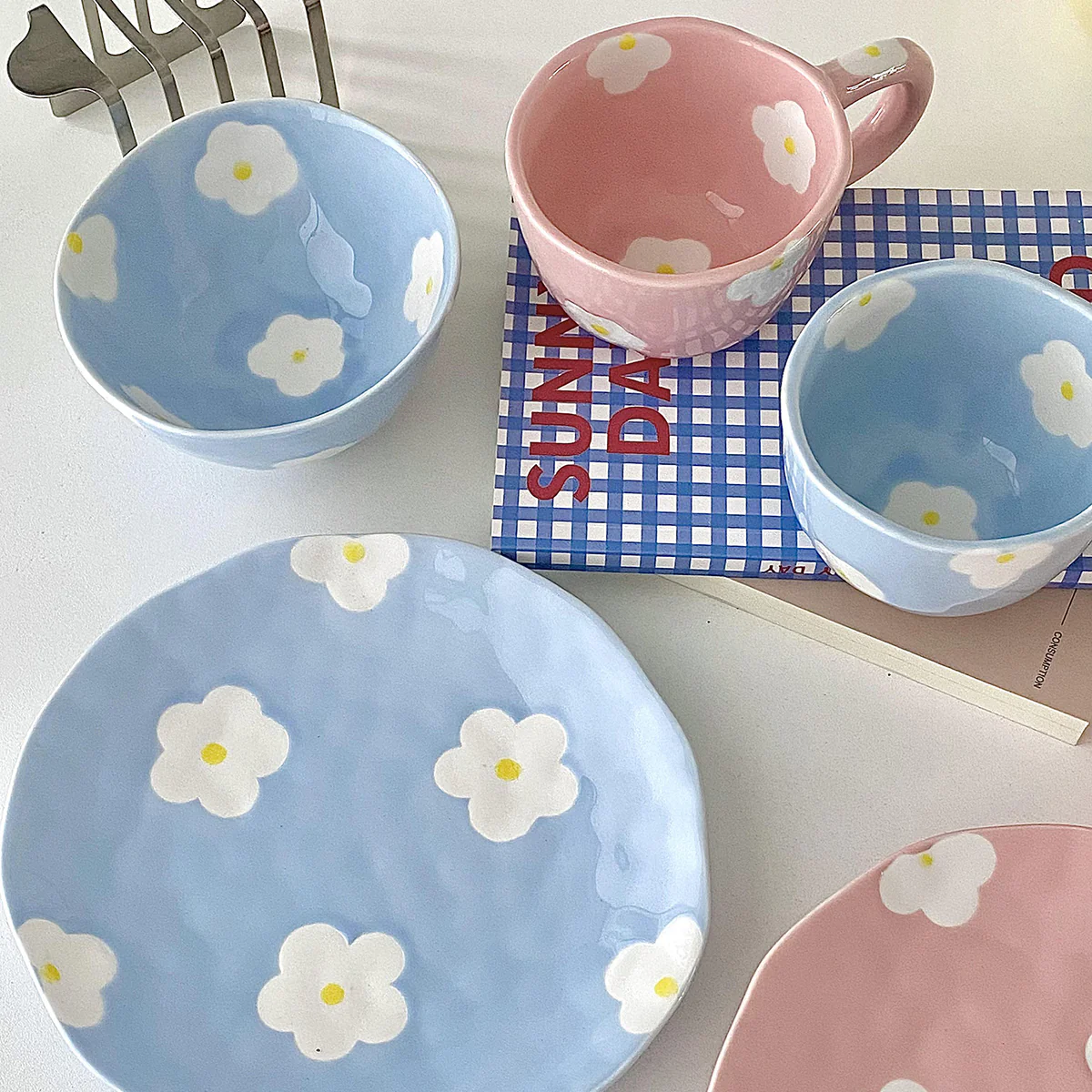 3PC Ceramic Painted Flower Plate, Bowl & Mug