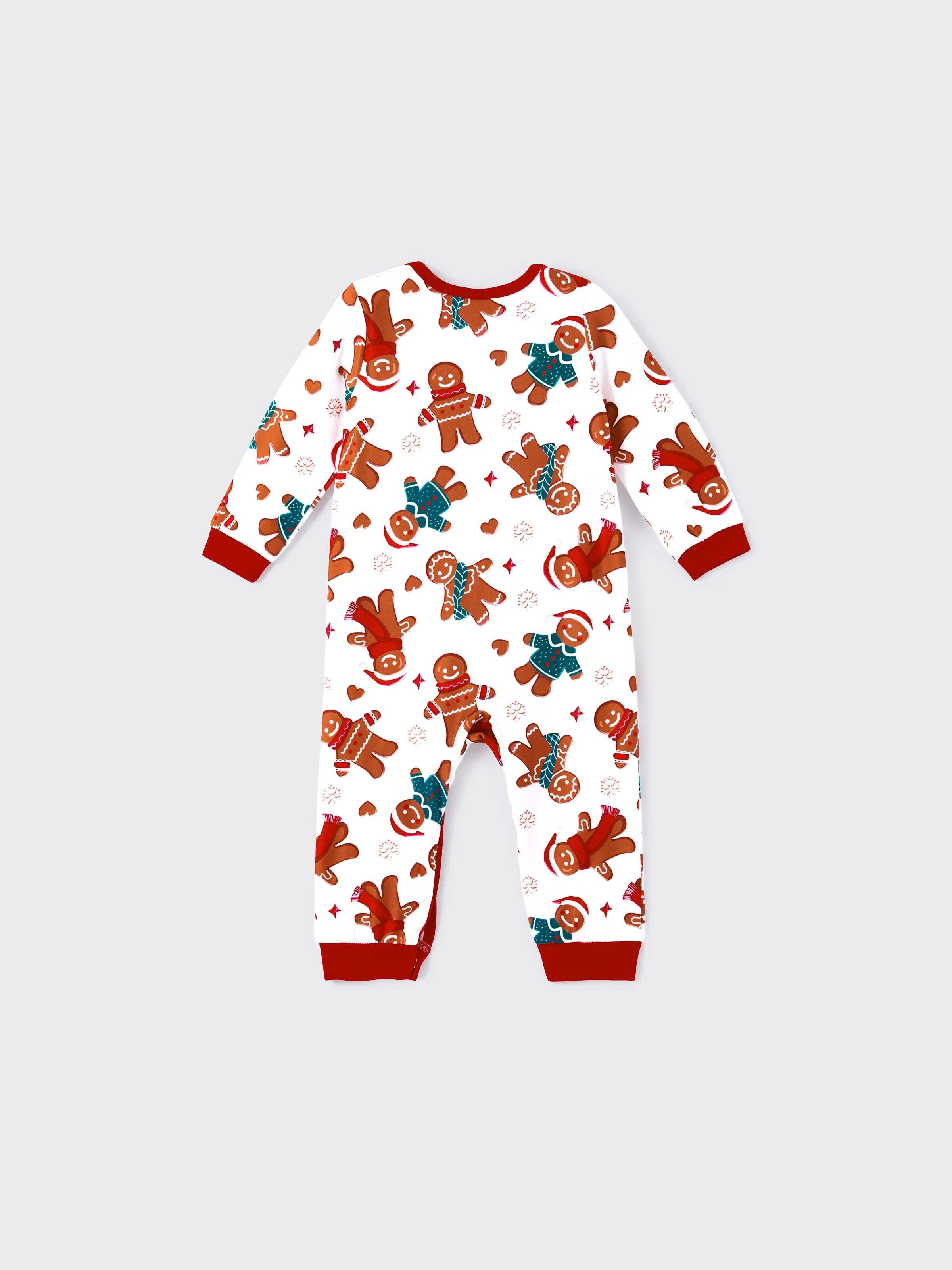 Christmas Family Matching Cartoon Gingerbread Man Allover Print Pajamas Sets with Christmas Socks White