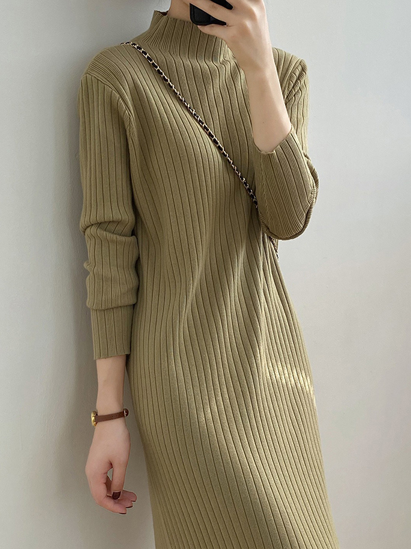 Fringed Solid Color Long Sleeves Loose Mock Neck Sweater Dresses Midi Dresses